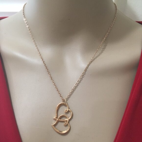 Double Heart Pendant Necklace, Gold Tone or Rose Gold Tone - Picture 2 of 5